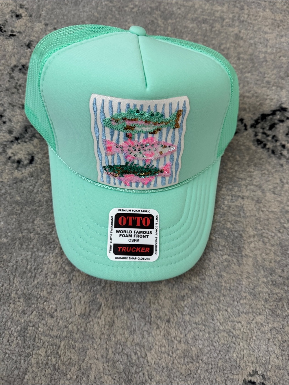 OTTO Kids Mint Trucker Hat with Sequin Fish Patch